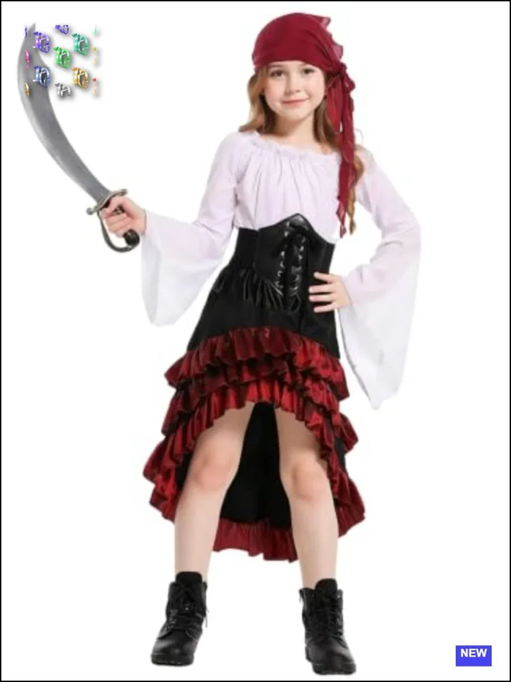 Girls Pirate Costume Medieval Renaissance Dress with Waist Belt & Headscarf